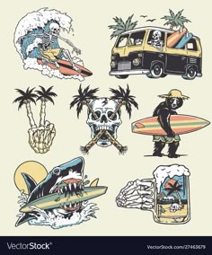 different types of surfing stickers on a white background with palm trees and surfboards