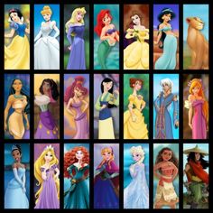 many different disney princesses are shown in the same image, each with their own name