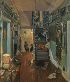 an oil painting of people in a hallway