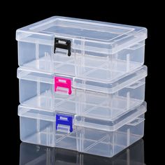 three plastic storage containers stacked on top of each other