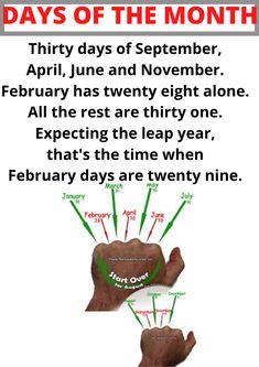 a poster with the words days of the month written in green and red on it