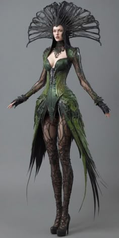 a woman in a green and black costume with feathers on her head, standing against a gray background