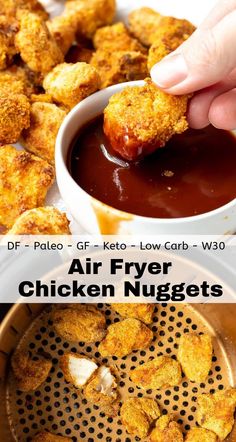 air fryer chicken nuggets being dipped with ketchup