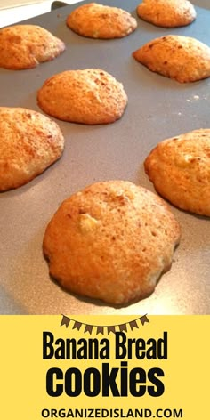 banana bread cookies on a baking sheet with text overlay