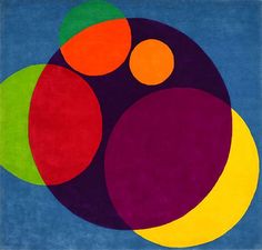 an abstract painting with different colors and shapes on blue background, including two circles in the center