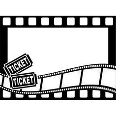 a black and white film strip with ticket stickers on it's side, in front of a white background