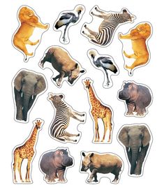 an assortment of stickers with animals and giraffes on them, all in different colors