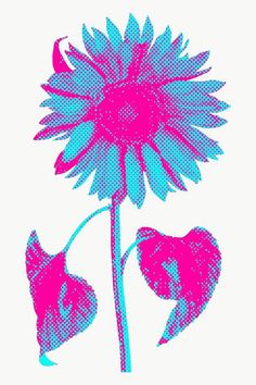 a blue and pink flower on a white background with halftoned image in the middle