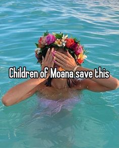 a woman floating in the water with flowers on her head and text children of mona save this