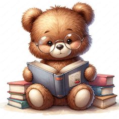 a brown teddy bear wearing glasses and reading a book