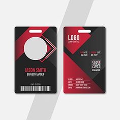 a red and black id card with a white circle