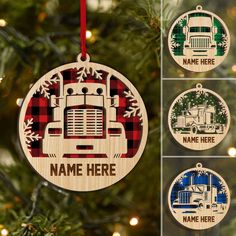 personalized christmas ornament featuring a semi - truck and snowflakes on it