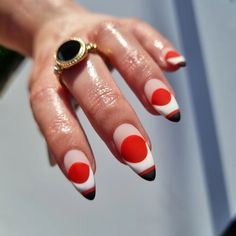 Red Funky Nails, Simple Nail Designs Almond, Feminist Nails, Magpie Nails, Red And Black Nails, Geometric Nails, Natural Nails Manicure, Usa Nails, Gel Paint