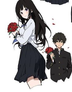 two anime characters with long black hair holding roses