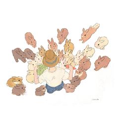 a drawing of a person surrounded by many stuffed animals and holding their hands in the air