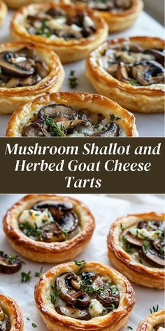 mushroom and herb gourmet cheese tarts on a baking sheet with text overlay