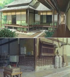 two pictures of an old japanese house