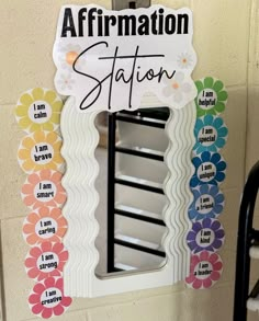 an affirmation station is decorated with colorful flowers and the words affirmation station