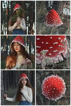 four different pictures of a woman wearing a red mushroom hat