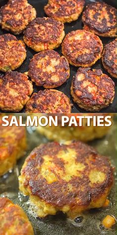 some food is cooking in a pan on the stove top and another photo shows salmon patties