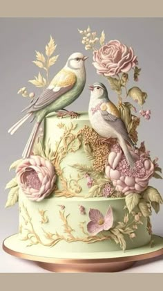 two birds sitting on top of a green cake with pink flowers and gold trimmings