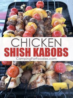 chicken shish kabobs on a grill with pineapples and tomatoes