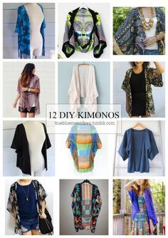 many different types of kimonos are shown in this collage with the words, 12 diy kimonos