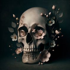 a skull with flowers on it's head sitting in front of a black background