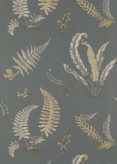 a grey and gold wallpaper with various plants on it's sides, including leaves