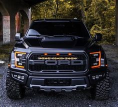 the front end of a black pickup truck parked under a bridge in a wooded area