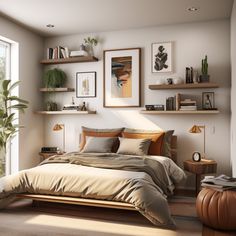 a bedroom with a bed, shelves and pictures on the wall