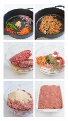 four images show how to make ground beef in a skillet with spices and seasonings