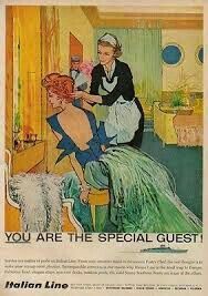 an old advertisement for the italian line shows two women in their bedroom with a dog