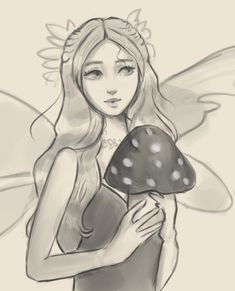 a drawing of a fairy holding a mushroom in her right hand and looking at the camera