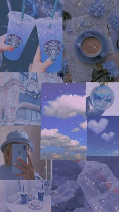 a collage of photos with coffee and clouds in the sky, including a person holding a cell phone