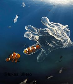 two clown fish in the ocean with plastic bags