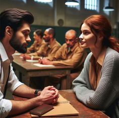 two people sitting at a table with notebooks in front of them, one man is talking to the other