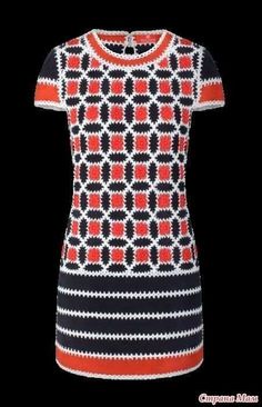 a women's dress with an orange, black and white pattern on the front