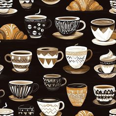 coffee cups and croissants are arranged on a black background