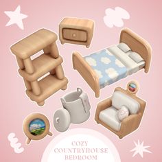 a dollhouse bedroom with furniture and accessories on it's pink backgrund