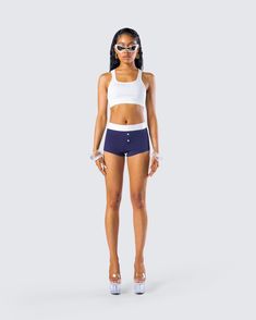 Being the hottest b*tch alive gets exhausting sometimes, don't forget to rest up 😏 This two-piece set featuring a white cropped tank paired with navy blue boy shorts is the perf look for some well deserved R&R 💙 Sporty Crop Top With Built-in Shorts, White Crop Top For Summer, White Boxer Briefs For Summer Workouts, White Short Crop Top For Summer, Sporty Fitted Short Crop Top, Summer Casual Short Sports Bra, Summer Workout Boxer Briefs, Short Athleisure Crop Top For Gym, Sporty Short Crop Top For Gym