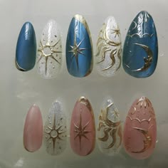 Transform your nails into a celestial masterpiece with our Celestial Dreams Press-On Nail Set! This enchanting set features handcrafted press-on nails adorned with intricate designs of stars, moons, and suns, creating a magical and ethereal look. The celestial theme adds a touch of mystique and cosmic beauty to your manicure, perfect for expressing your love for the night sky and all its wonders. Each nail is carefully crafted with attention to detail, ensuring a flawless and long-lasting finish. Whether you're a stargazer, a dreamer, or simply adore celestial motifs, these nails will captivate and inspire. Elevate your nail game with this unique and celestial-inspired nail art set today! 🌟 Material: Our press-on nails are made from high-quality materials to ensure durability and long-las Nails Whimsigoth, Moon Cycle Nails, Dark Celestial Nails, Golden Hour Nails, Nail Designs Different On Each Nail, Sun And Moon Nails Design, Moon Themed Nails, Nails Moon Design, Star Moon Nails