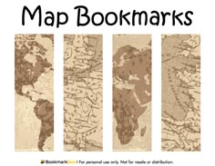 the map bookmarks are lined up in three different colors and sizes, each with their own country's name