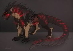 a red and black dragon with glowing eyes on it's back legs, standing in front of a dark background