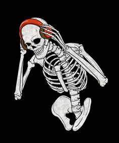 a skeleton with a red bandanna on its head is riding a skateboard in the air