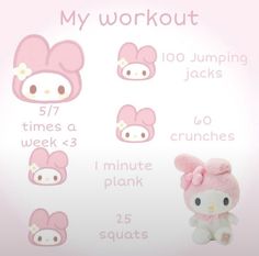 a pink hello kitty stuffed animal sitting next to a poster with instructions on how to work out