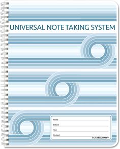 a spiral notebook with the words universal note taking system written in blue and white stripes