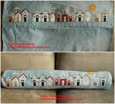 this is an image of a pillow with houses on it and the same one in different colors