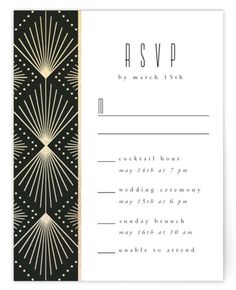 the black and gold art deco wedding stationery is shown