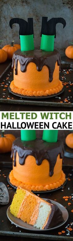 two cakes with candles on top of them and the words melted witch halloween cake below